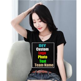Customise your picture summer solid Colour T shirt white V neck blouse short sleeved cotton women 220621