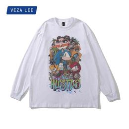 Veza x Tkpa Men's Autumn Winter Couple's White Long Sleeve T-shirt Cartoon Print Round Neck Loose Sweater Men
