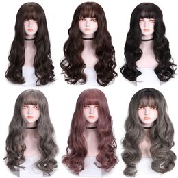 Perruques de couleur avec une frange pour les femmes longues lolita perruques ondulées bouclées réalistes deux couleurs à cheveux synthétiques Cosplay Wig