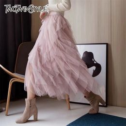 TWOTWINSTYLE Asymmetrical Mesh Skirts For Women High Waist Ankle Length Skirts Female Elegant Korean Fashion Clothing 210311