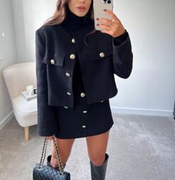 Women's Suits & Blazers Tweed Women Black Vintage Office Lady Single Breasted Blazer Female Casual Slim Short Coats Jacket TopsWomen's