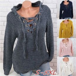 Womens Sweaters Autumn Pullover Bandage Sexy Vneck Womens Top Cross Strap Large Size Laceup Sweater 201221