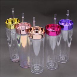 16oz/480ml PS Skinny Tumbler Plastic Mug Electroplated Lid 2-Wall Insulated Clear Cup Bottle Glass Free Straw BPA-free