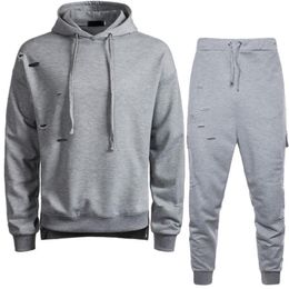 Men's Tracksuits Fashion Mens Hoodie Sweatshirt Tracksuit Casual Pullover Full Length Sweatpants Track Suit Male Hole Ripped Two Piece Set O