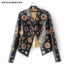 PU Leather Jacket Women Steampunk Cropped Coat Chic Bronzing Metal Ring Hollow Out Moto Jackets Streetwear Jaqueta De Couro L220728