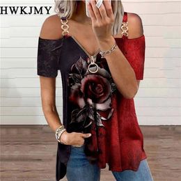 Women Summer V-neck Zipper Shirt Rose Print Chain Strap Off Shoulder Blouse Woman Clothing Short Sleeve Streetwear Tops 220407