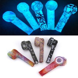 Luminous Patterned Silicone Hand Pipe In The Dark Glowing 3.5inch Environmentally FDA Material With Glass Bowl Tobacco Dry Herb Oil Burner Water Pipes Bongs