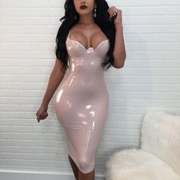 Summer Dress Women Sexy Party Club Robe Femme PU Latex Glossy Bodycon Midi M-4XL Casual Dresses