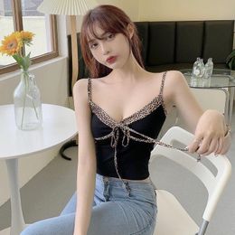 Women's Tanks & Camis Leopard Patchwork Y2K Ribbed Female Top Camisole Sexy Skinny V-neck Short Fashion Summer Spaghetti Strap CamisWomen's