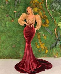 burgundy sequin long dress UK - Exquisite Red Velvet Mermaid Evening Dresses Puffy Long Sleeves Prom Dresses Crystals Sequined Celebrity Women Formal Party Pageant Gowns