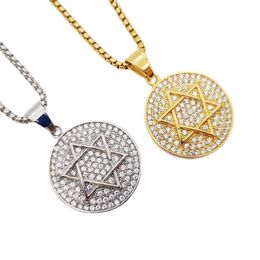 Pendant Necklaces Bling Full Rhinestones Star Of David Round Medal Necklace Stainless Steel Mens Hip Hop Rock NecklacePendant NecklacesPenda