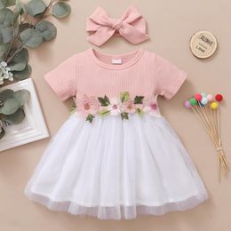 Girl's Dresses Dress For Girls Baby Cute Clothes Infant Solid Ribbed Stitching Mesh Appliques Princess Toddler Summer Casual OutfitsGirl's