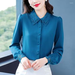 Women's Blouses & Shirts Chikichi Fashion Clothes Woman 2022 Spring Satin Embroidered Doll Collar Silk Long Sleeve Blouse Button Up
