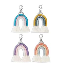 Woven Rainbow Keychains Rings for Women Bohemian Handmade Pendant Ethnic Tassel Key Holder Keyring Macrame Bag Charm Car Decoration Hanging Jewellery Gifts