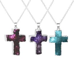 Natural Crystal Cluster Cross Pendant Crystal Tooth Silver Plated Edge Cross Necklace