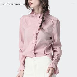 Women's Blouses & Shirts Elegant Stand Ruffles Collar Cotton Shirt Women Blouse And Tops Solid Slim Waist Plus Size 2022 Spring Autumn Offic
