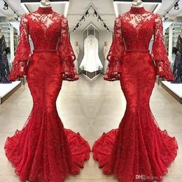 붉은 레이스 인어 이브닝 드레스 섹시한 환상 시인 긴 소매 높은 목 삐걱 거리는 긴 파티 미인 가운 댄스 파티 드레스 Bes121