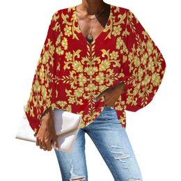 Women's Blouses & Shirts European And American Luxury Art Pattern Floral Totem Tattoo Prints Golden Red Tops Girl Breathable Soft Lantern Sl