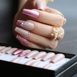 Coffin Fake nails handmade V french glitter nude color gel glossy match metal 3d rhinestones 220725