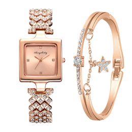 Wristwatches 2pcs Set Gold Watch Luxury Women Fashion Ladies Quartz Diamond Wristwatch Elegant Female Bracelet Watches Reloj MujerWristwatch