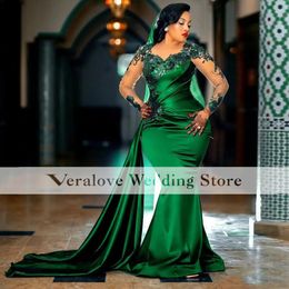 Aso Ebi Evening Dress Mermaid 2022 Dark Green Beading Applique Prom Gowns Long Sleeves Saudi Arabic Guest Party Wear