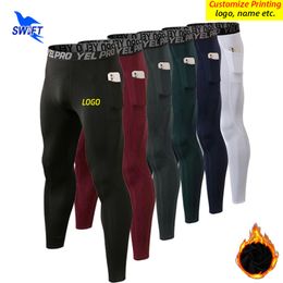 Winter Warm Fleece Liner Running Tights Men with Pockets Compression Sports GYM Fitness Pants Quick Dry Leggings Customize 220613