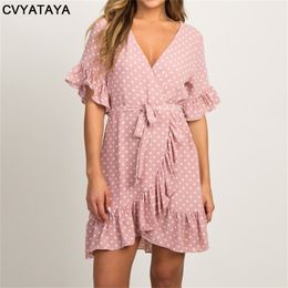 Summer Chiffon Dress Boho Style Beach Dress Fashion Short Sleeve V-neck Polka Dot A-line Party Dresses Sundress Vestidos 210302