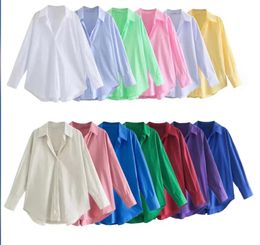 Oversized Button Down Shirts Swimsuit Cover Up Women Casual Long Sleeve Candy Colour V Neck Dressy Blouses Curved Hem Tops Casual Streetwear