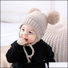 Caps Hats New Autumn Winter Kids Knitted Baby Beanies Boys Girls Babies Faux Fur Ball Skl Headwear Earmuffs Mxhome Dh5Us