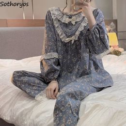 Women Long Sleeve Pyjamas Sets Floral Lace Princess Ruffles Sweet Nightwear Spring Lounge O-neck Pyjamas Two Pieces Home Cute Ins L220803