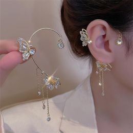 Clip-on & Screw Back Shiny Zircon Butterfly Ear Cuff Gold Colour Tassel Clip On Earrings For Women Korea Style Copper Earring Without Piercin