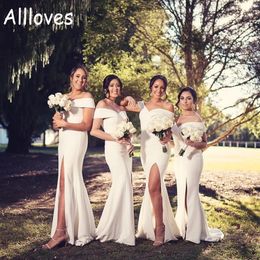 Off Shoulder Satin Mermaid Bridesmaid Dresses For Girls Sweep Train Side Slit Sexy Women Formal Party Gowns Wedding Guest Maid Of Honour Dress Solid Colour CL0213