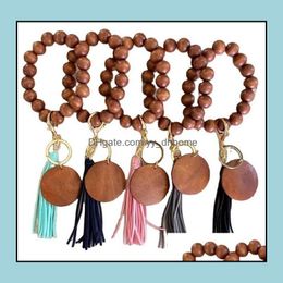 Keychains Fashion Accessories Wooden Bracelet Keychain With Tassels Key Diy Wood Fiber Pandent Bead Bangle Keyrings Drop Delivery 2021 9Ani5