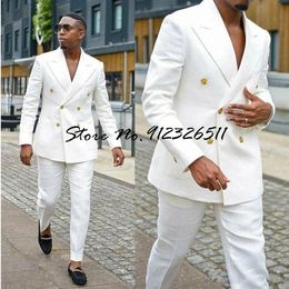 New Casual Summer Beach Mens Formal Double Breasted White Suits Groom Tuxedos costume (Jacket+Pants)