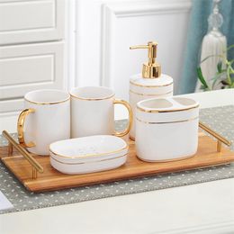 Bathroom Accessories Set Ceramic Dispenser Toothbrush Holder Gargle Cups Soap Dish With Tray Wash Suit Bottle Wedding Gifts T200507