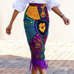 Women Summer Print Skirt Vintage Floral African Fashion High Waist Tassel Classy Modest Elegant Retro Jupes Falads Drop 210306