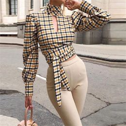 Autumn New Womens Sexy Blouse Ladies Long Sleeve Backless Bandage Tops Casual Plaid Shirts Hollow Out Turtle Neck Blouse T200322