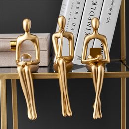 Home Decoration Accessories Decorative Golden Reading Figures Study Room Decorations Ornaments for Home Resin Modern Crafts Gift 220406
