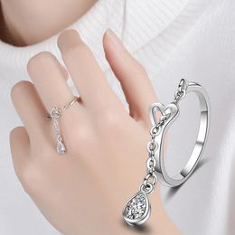 Cluster Rings Sterling Silver Adjustable Heart Shaped Chain Pendant Ring Romantic Send Girlfriend Lovers Valentine's Day Gift R005Cluste