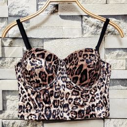 Women Sexy Leopard Print Velvet Short Bustier Crop Tops Outside Wearing Sleeveless High Waist Corset Camis 220331