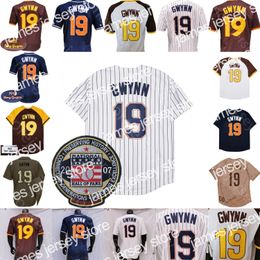 New Tony Gwynn Jersey Vintage 2007 Hall of Fame Patch 1978 1982 Navy White Coffee Button Pinstripe Mesh BP Player Pullover Adult