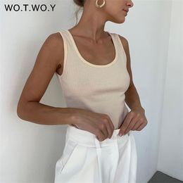 WOTWOY Summer Stretched Knitted Tank Tops Women Sleeveless Solid Casual Tee Shirt Female O-Neck Black White Cropped 220316