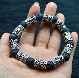 Charm Bracelets Natural Black Bracelet Trendy Retro Alloy Viking Rune Lava Stone Beads For Men Women Bangle Jewellery Personality GiftCharm