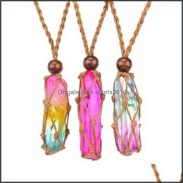 Arts And Crafts Healing Crystal Column Dyed Natural Stone Pillar Pendant Weave Net Bag Charms Green Pink Crystals Brown Rop Sports2010 Dhe7T
