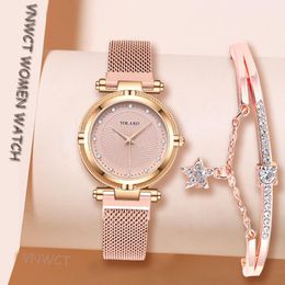 Wristwatches Women Watch Bracelet Suit Diamond Dial Watches Fashion Rose Pink Magnet Buckle Ladies Quartz Simple FemaleWristwatches