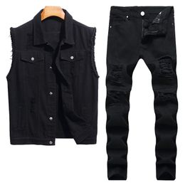 Summer Tracksuits Ripped Hole Men's Sets Solid Black Casual Slim Denim Vest and Jeans 2pcs Sets Male Frayed Waistcoat + Stretch Pants Hommes de Ensembles