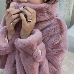 HStar Faux Fur Coat Women Casual Korean Loose Hoodies Furry Thick Bat Sleeved Warm Long Faux Rabbit Fur Jacket Winter Coat