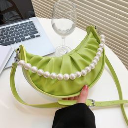Women's Shoulder Crossbody Summer 2022 Designer Trends Beaded Handbag Luxurious Pleated Tote Bag Half Round Small PU Leather Purses