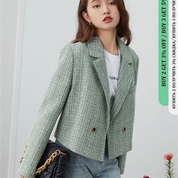 FSLE Green Tweed Plaid Short Blazer Women Elegant Office Oversized Blazer Jacket Female Casual Streetwear Spring Coat 220402