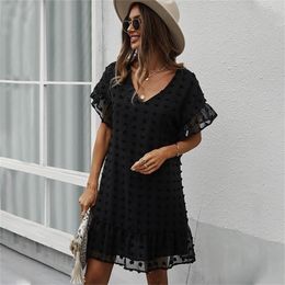 Sexy V Neck Short Dress Women Casual Solid Hairball Black Dresses For Laddies Spring Summer Holiday Style Dress 2022 220317